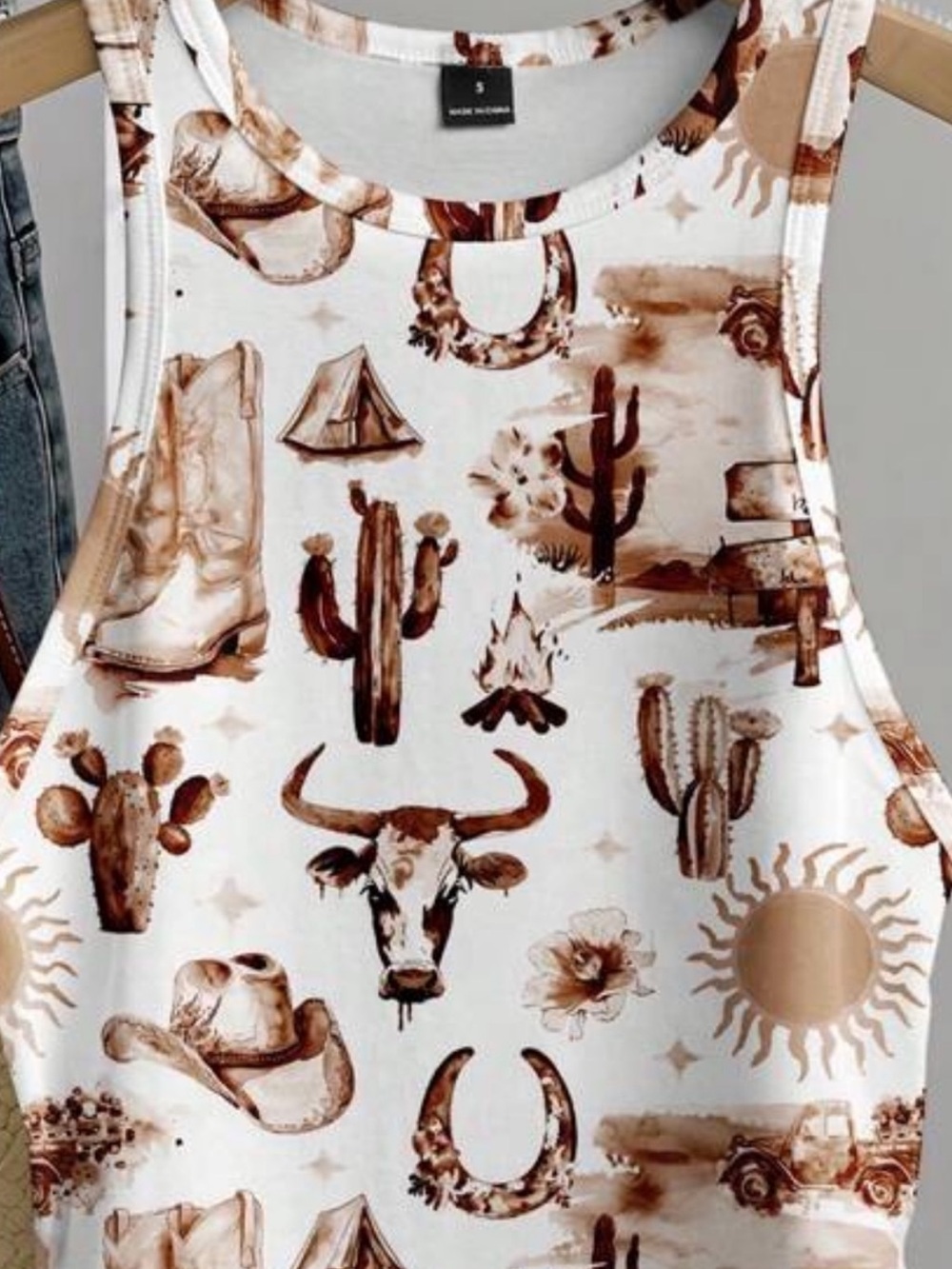 Western Desert Graphic Tank Top - Brown & Cream